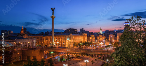 Independence Square in the centre of Kyiv city with Fountains at sunset. 