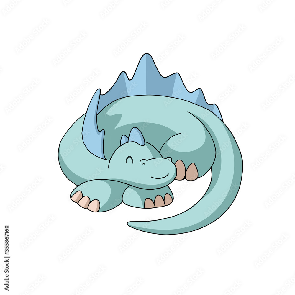 Cute cartoon dinosaur sleeping curled up. Gentle turquoise and blue pastel  colors. Vector illustration. Isolated object on white background. Decor  element for kids products. Stock Vector | Adobe Stock