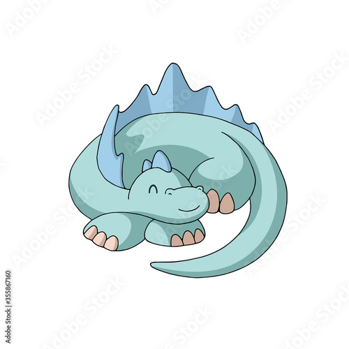 Cute cartoon dinosaur sleeping curled up. Gentle turquoise and blue pastel colors. Vector illustration. Isolated object on white background. Decor element for kids products.