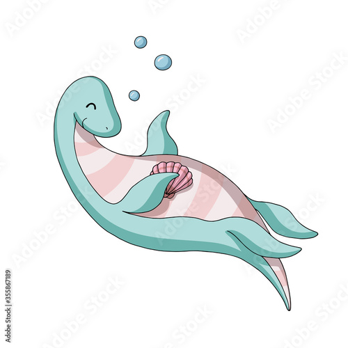 Cute cartoon swimming dinosaur with a shell. Gentle turquoise and pink pastel colors. Vector illustration. Isolated object on white background. Decor element for kids products.