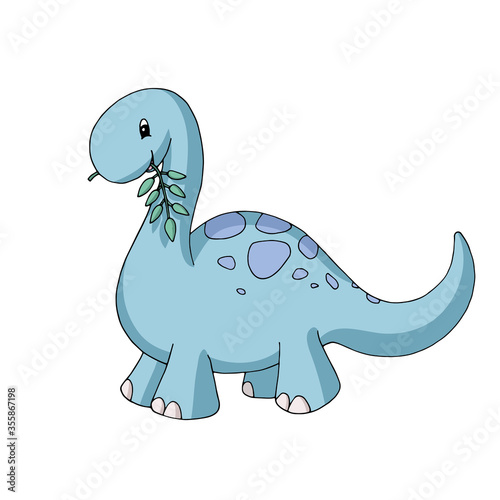 Cute cartoon dinosaur with spots on his back eating a leaf. Gentle turquoise and purple pastel colors. Vector illustration. Isolated object on white background. Decor element for kids products.