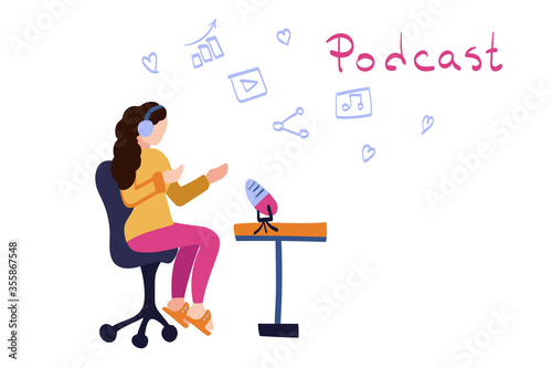 Radio host with microphone on table. Woman podcaster with hand written lettering. Media hosting isolated doodle sketch. Female broadcaster at workspace cartoon character flat vector illustration.