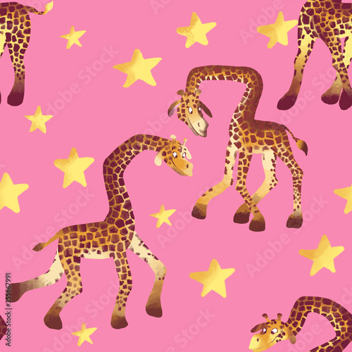 Savanna childish pattern with cute giraffe and hand drawn stars. Creative kids texture for fabric, wrapping, textile, wallpaper, apparel. Hand drawn illustration