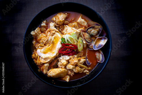 Korean spicy silken tofu stew with seafood
