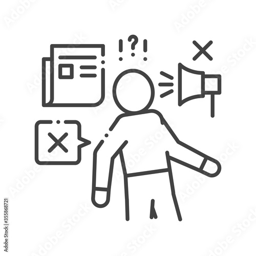 Discredit black line icon. Humiliation, insulting a person concept. Sign for web page, mobile app, button, logo. Editable stroke