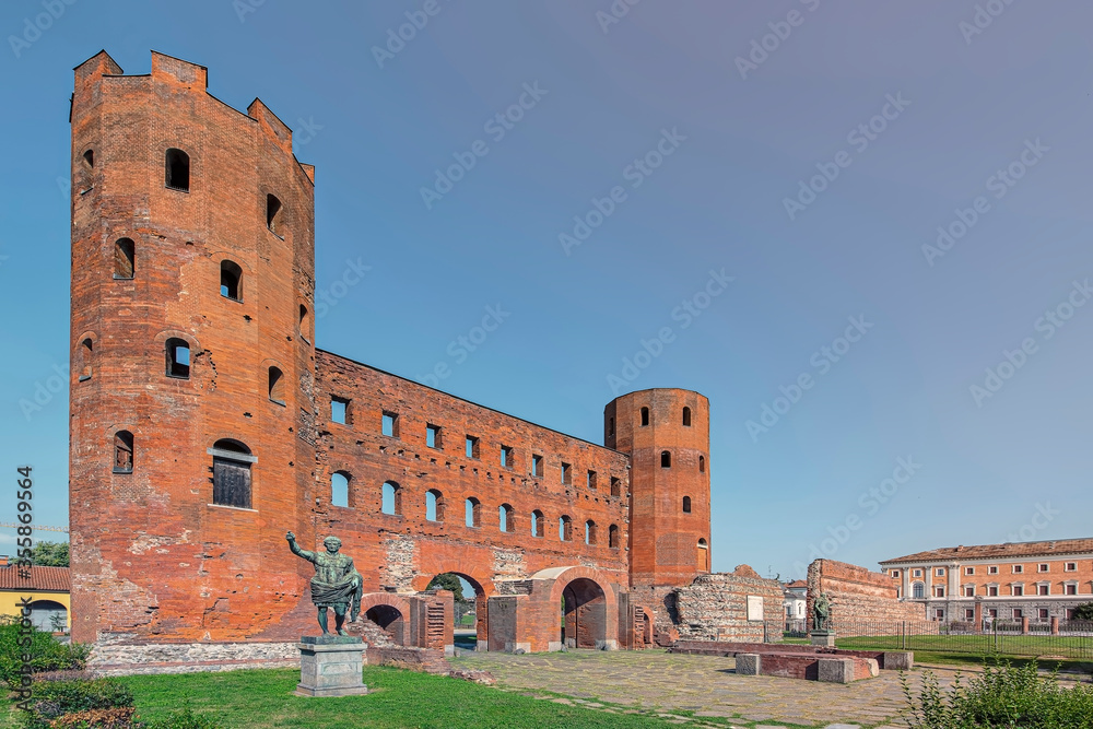 The Palatine Towers, an ancient Roman city gate in the Old Town of Turin, Italy