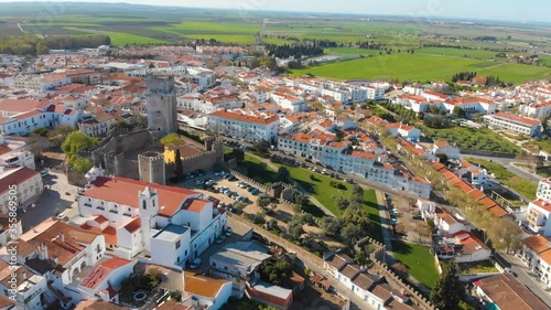 4k Aerial drone view of Beja town, medieval small town of Portugal.