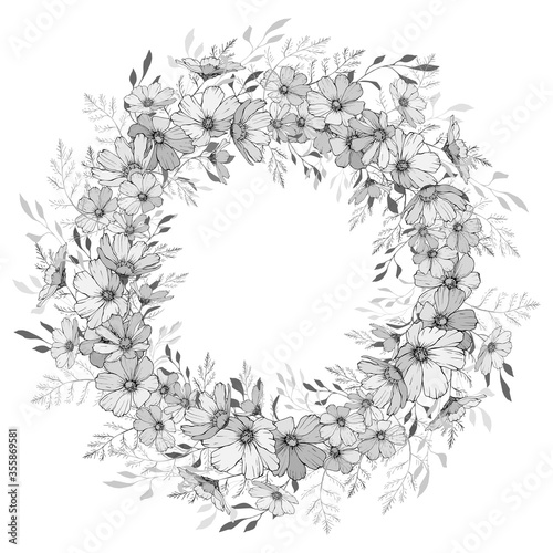 Vector wreath of cosmos flowers. White and black. Floral round frame for fashion, greetings, background for save the dates. Monochrome. Vintage.