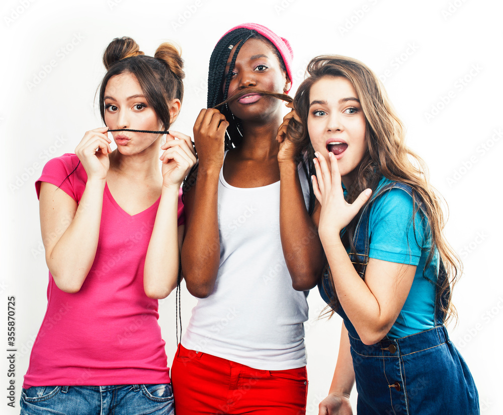 diverse multi nation girls group, teenage friends company cheerful having fun, happy smiling, cute posing isolated on white background, lifestyle people concept, african-american and caucasian diverse multi nation girls group, teenage friends company cheerful having fun, happy smiling, cute posing isolated on white background, lifestyle people concept, african-american and caucasian
