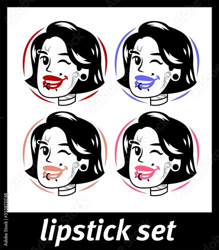 set of signs lipstick girl with hairstyle tattoo and piercing joy self black and pink
