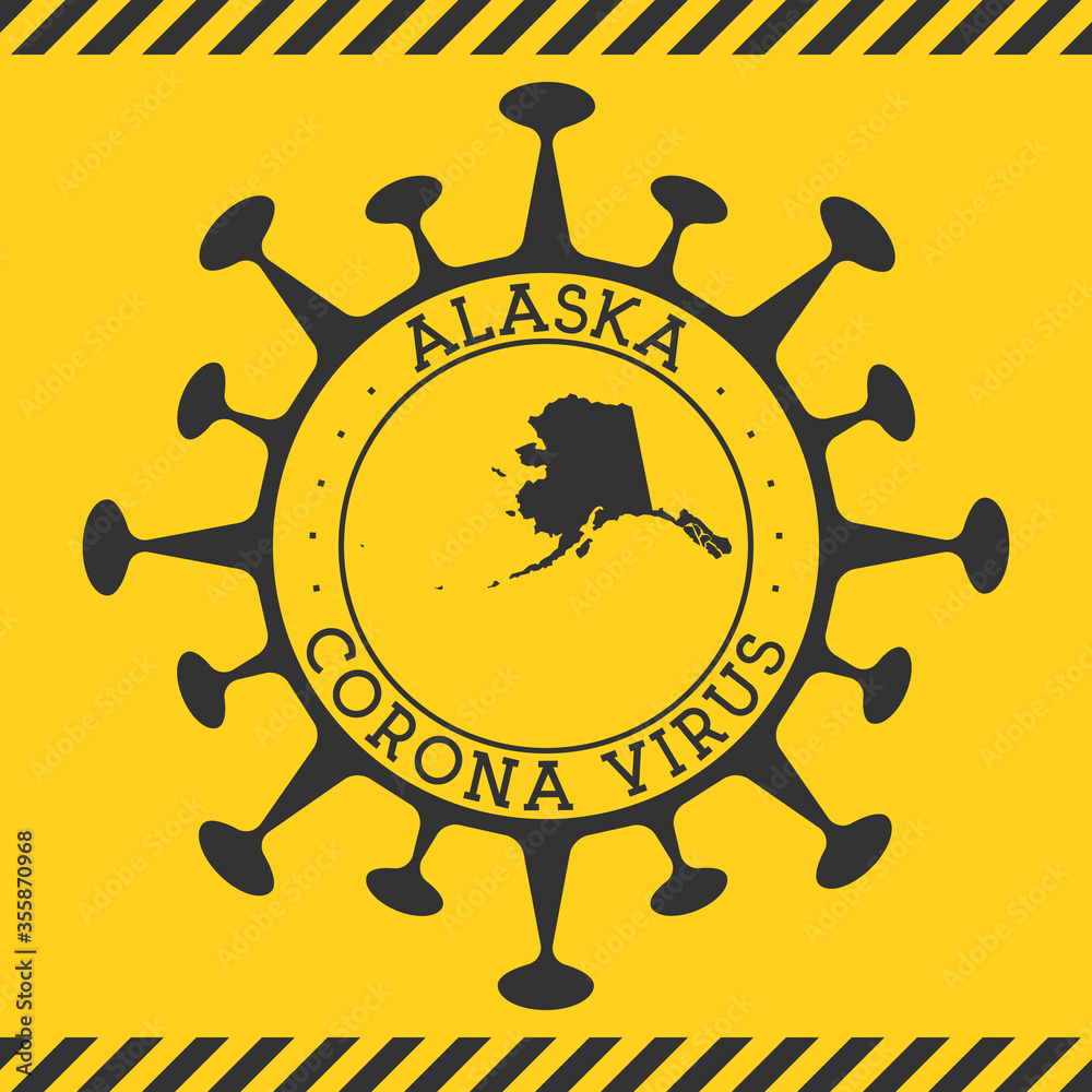 Corona virus in Alaska sign. Round badge with shape of virus and Alaska map. Yellow us state epidemy lock down stamp. Vector illustration.