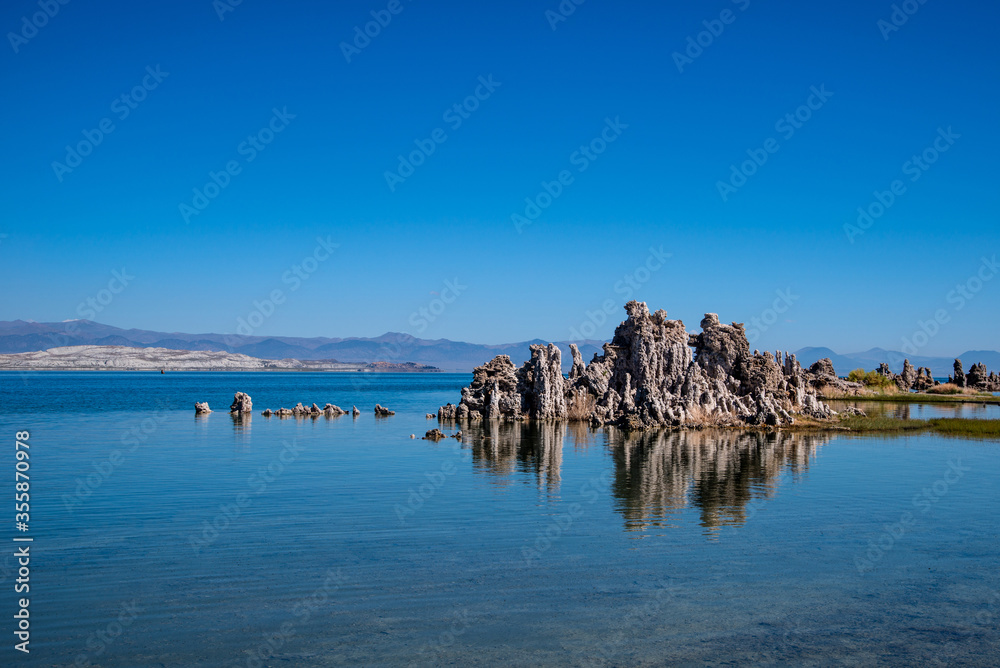 Beautiful view of Mono Lake with tufa formations reflected in the water. California, USA