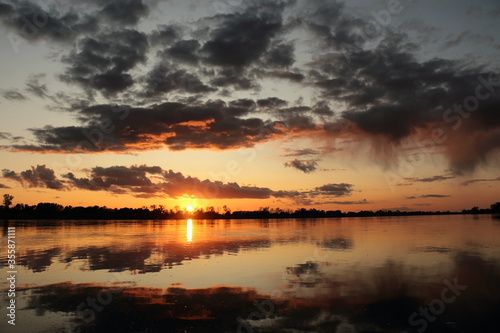 Colorful sunset by the Odra River, Poland.