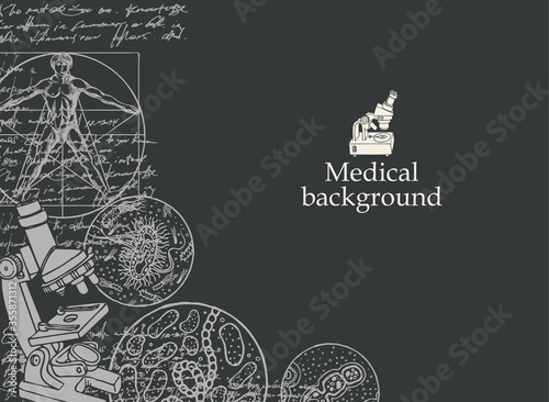 Medical background with inscription, sketches, illegible entries and place for text. Hand-drawn vector illustration on the theme of medicine, biology, virology, chemistry on the black backdrop.