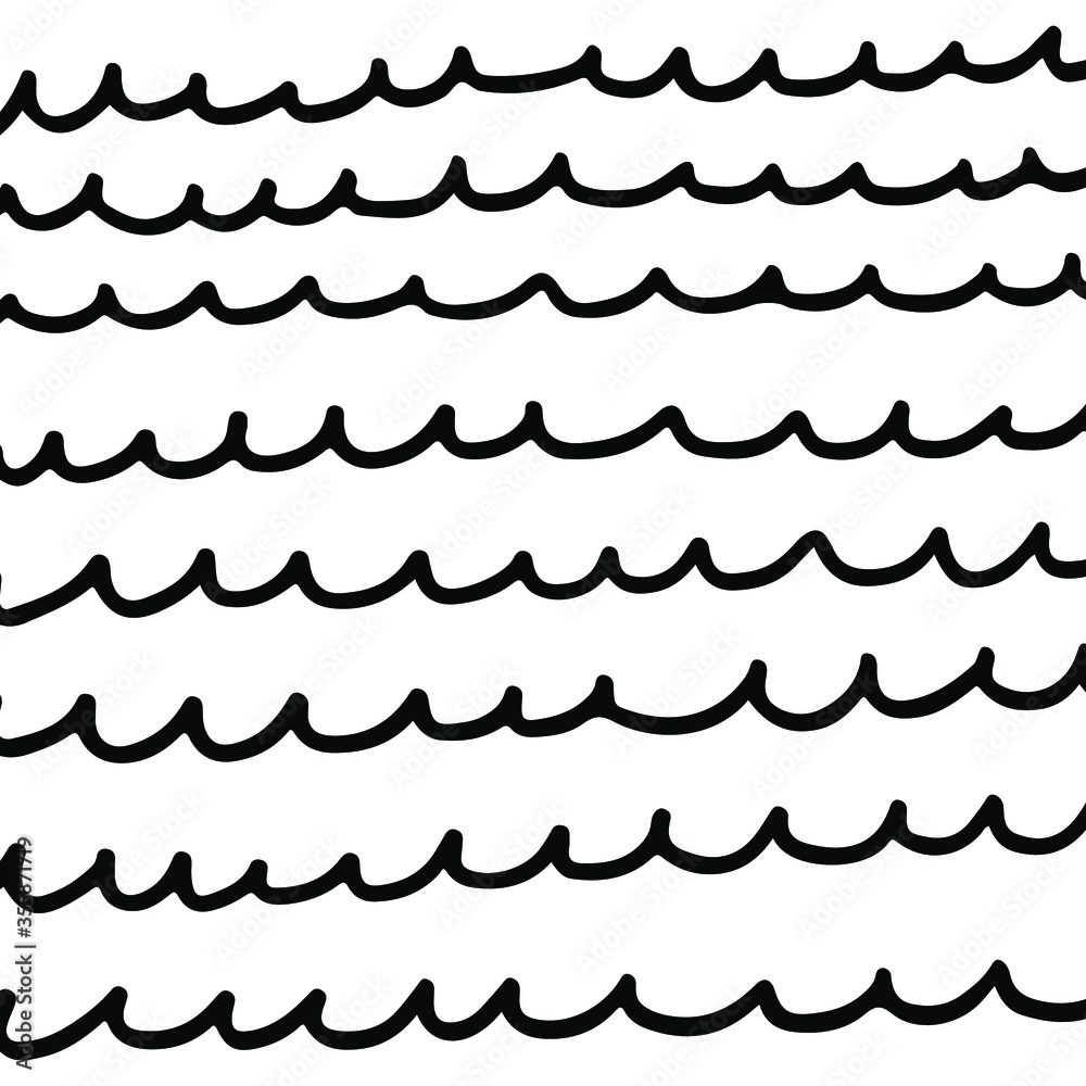 Hand-drawn black and white pattern of lines in the form of waves.