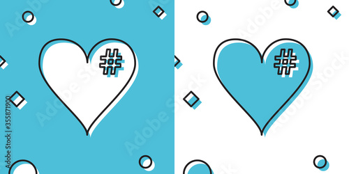 Black The hash love icon. Hashtag heart symbol icon isolated on blue and white background. Random dynamic shapes. Vector Illustration