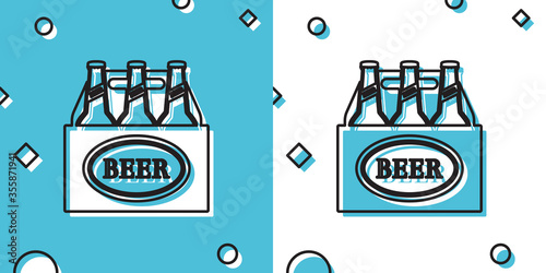 Black Pack of beer bottles icon isolated on blue and white background. Case crate beer box sign. Random dynamic shapes. Vector Illustration