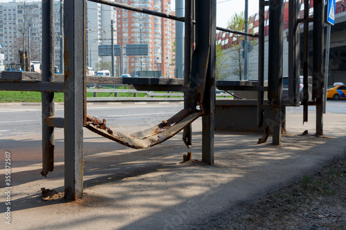 Corroded metal construction of the bus station.