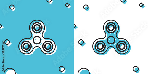 Black Fidget spinner icon isolated on blue and white background. Stress relieving toy. Trendy hand spinner. Random dynamic shapes. Vector Illustration
