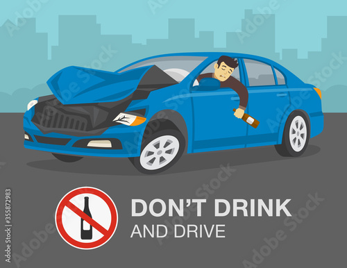 Driving a car. Don't drink and drive. Drunk man with bottle of alcohol in crashed car. Flat vector illustration.