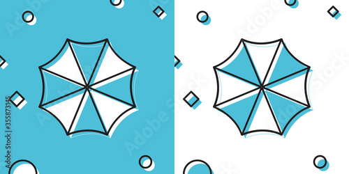 Sun protective umbrella fo beach icon on blue and white background. Large parasol for outdoor space. Beach umbrella. Summer vacation or picnic accessory. Random dynamic shapes. Vector Illustration