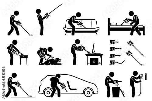 Man using handheld cordless stick vacuum cleaner to clean the house. Vector icons of vacuum cleaner sucking dust on floor, ceiling, sofa, bed mattress, furniture, pet dog, computer, carpet, and car. photo