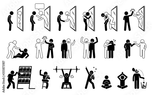 Self help metaphor in stick figure pictogram icons. Vector illustration concept of a person helping himself by reading self help book. The person in the mirror reflection come out and give confident.