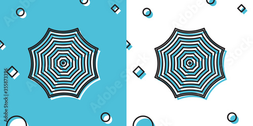 Sun protective umbrella fo beach icon on blue and white background. Large parasol for outdoor space. Beach umbrella. Summer vacation or picnic accessory. Random dynamic shapes. Vector Illustration