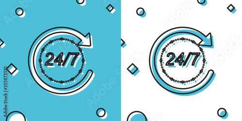 Black Open 24 hours a day and 7 days a week icon isolated on blue and white background. All day cyclic icon. Random dynamic shapes. Vector Illustration