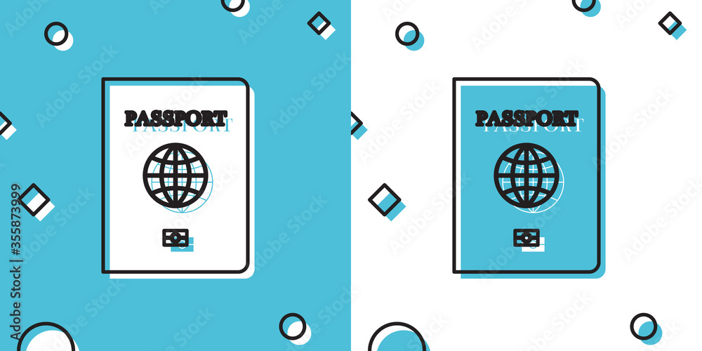Black Passport with biometric data icon isolated on blue and white background. Identification Document. Random dynamic shapes. Vector Illustration Black Passport with biometric data icon isolated on blue and white background. Identification Document. Random dynamic shapes. Vector Illustration