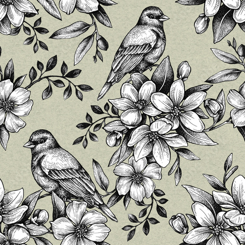 Graphic seamless pattern with birds and flowering branches. Hand drawing with ink and pen.