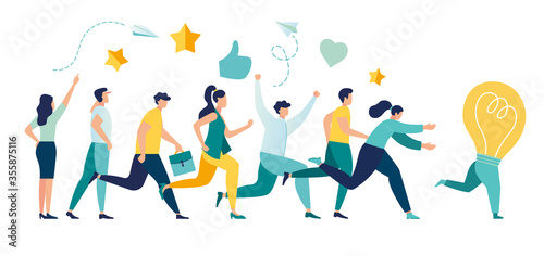Vector illustration, running away idea, unattainable thought, search for new solutions, man catches up with a light bulb