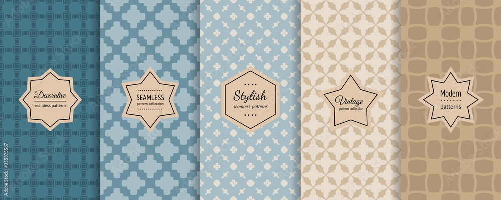 Vector geometric seamless patterns collection. Bright retro backgrounds with elegant minimal stickers. Set of abstract vintage ornament textures with floral shape, grid. Teal, blue, beige, brown color - obrazy, fototapety, plakaty 