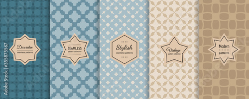 Vector geometric seamless patterns collection. Bright retro backgrounds with elegant minimal stickers. Set of abstract vintage ornament textures with floral shape, grid. Teal, blue, beige, brown color
