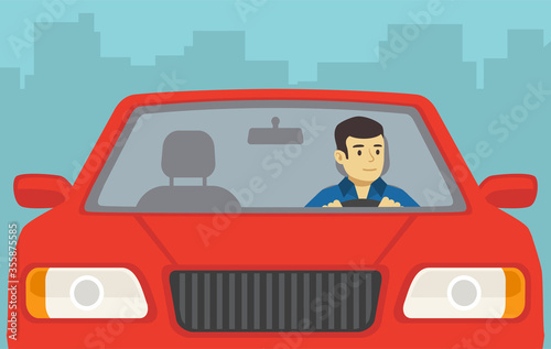 Close up view of a sedan car driver. Front view. Flat vector illustration.
