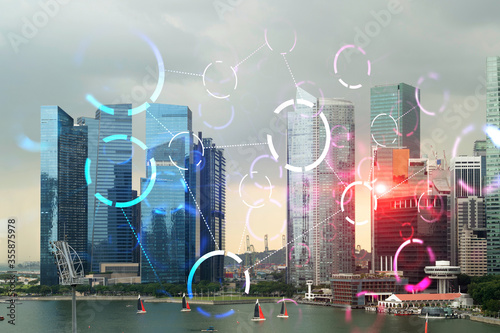 Photography Hologram of abstract technology glowing icons, panoramic cityscape of Singapore at sunset, Asia