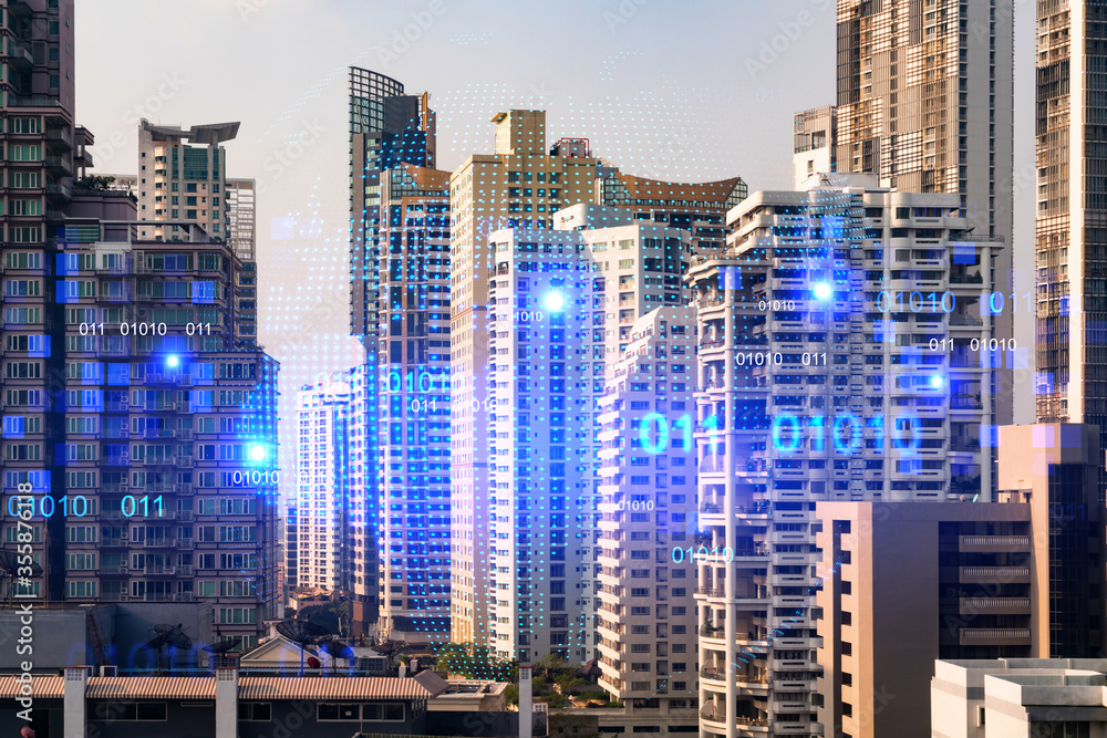 World planet Earth map hologram over panorama city view of Bangkok, Asia. The concept of international connections and business. Multi Exposure. World planet Earth map hologram over panorama city view of Bangkok, Asia. The concept of international connections and business. Multi Exposure.