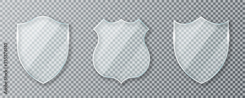 Glass shield. Set of transparent glass shields and acrylic panels. Conceptual symbol of protection, safety, security and guarding. Transparent glass shields isolated on background