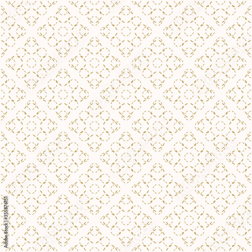 Golden vector minimalist seamless pattern. Subtle gold and white minimal geometric texture with small circles, floral silhouettes. Simple abstract background. Luxury repeat design for decor, wallpaper