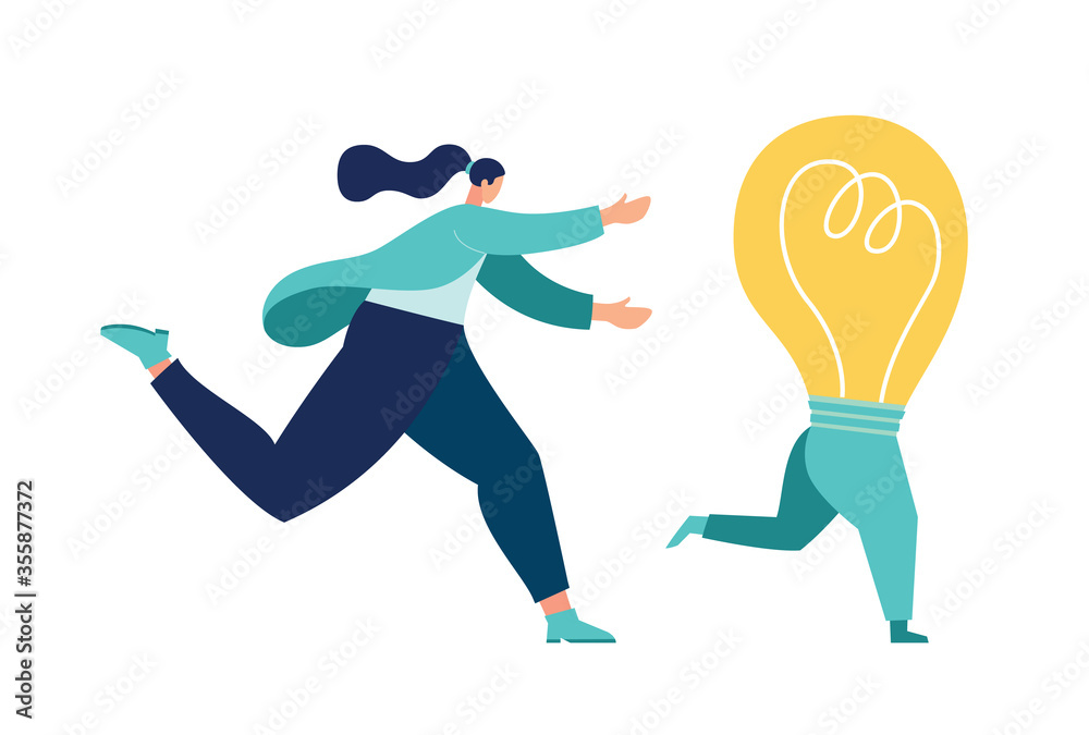 Fototapeta premium Vector illustration, running away idea, unattainable thought, search for new solutions, man catches up with a light bulb