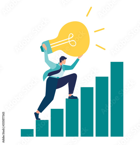 Vector illustration, search for solutions, thought is reachable, career growth, man goes the path to success with idea and concept, flat color icons, business