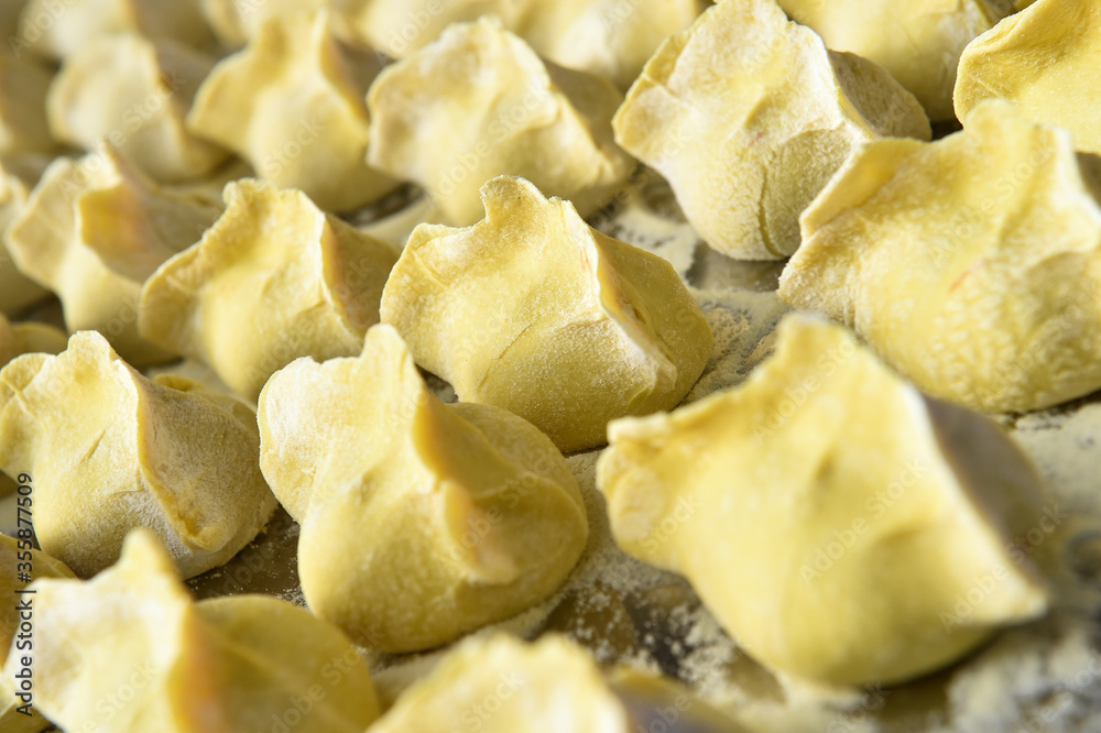 Chinese ravioli freshly prepared and ready to be cooked, food texture Chinese ravioli freshly prepared and ready to be cooked, food texture