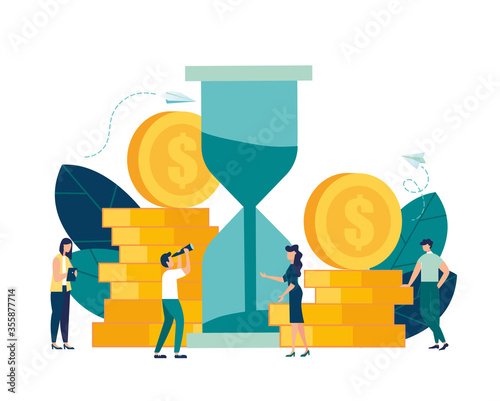 vector illustration, Investment management. the company is engaged in the joint construction and growth of monetary profit, a time metaphor.