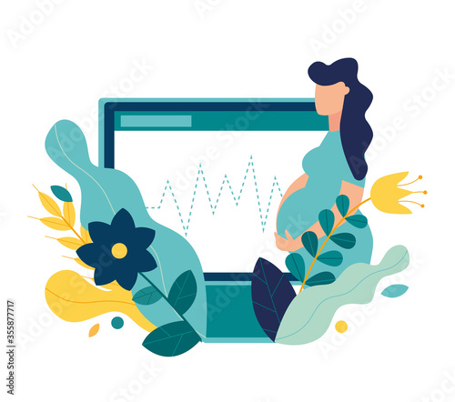 Vector illustration of a pregnant woman expecting a baby on diagnosis, around the flowers.