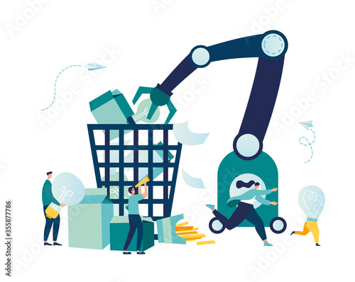Vector creative illustration of business graphics, the employee is engaged in recycling garbage, career growth to success, flat color icons, business analysis, environmental protection