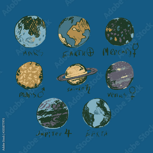 Set of space objects planets, stars, comet.