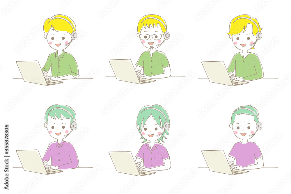 ノートパソコンとヘッドセットで話しながらテレワークの作業をする男性