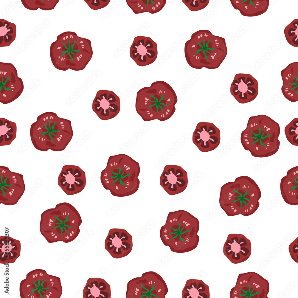 Seamless pattern with different tomatoes. Red Tomatoes and Tomato Slices. Vegetarian menu. Perfect design for menu, kitchen, print. Seamless pattern with different tomatoes. Red Tomatoes and Tomato Slices. Vegetarian menu. Perfect design for menu, kitchen, print.