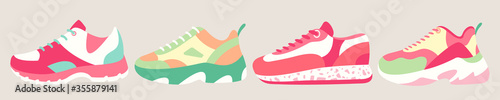 Snickers shoes vector illustration. Cartoon flat fitness sneakers shoes for sport training in gym, running, outdoor adventure, casual footwear shoe for man and woman foot. Fashion footgear collection