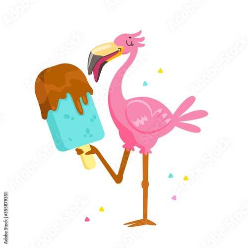 Cute Pink Flamingo Eating Chocolate Ice Cream Cartoon Character on Summer Vacation. T-shirt Print, Kawaii Personage Summertime Activity and Spare Time Isolated on White Background. Vector Illustration
